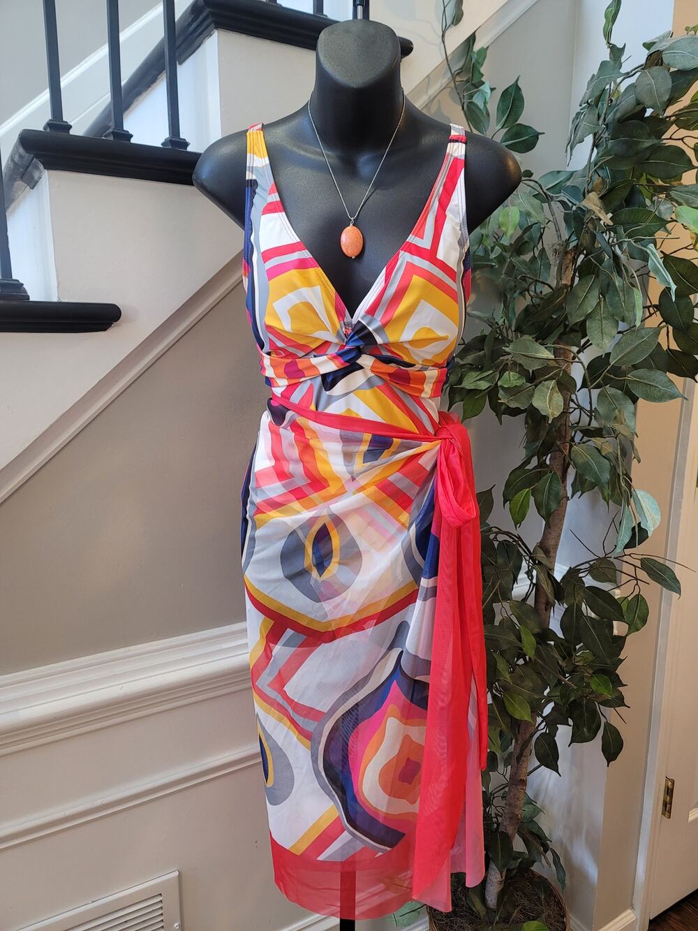 Cover Up Set Women's Large Multicolor Geometric Mesh Wrap Padded Bra Twist Knot
